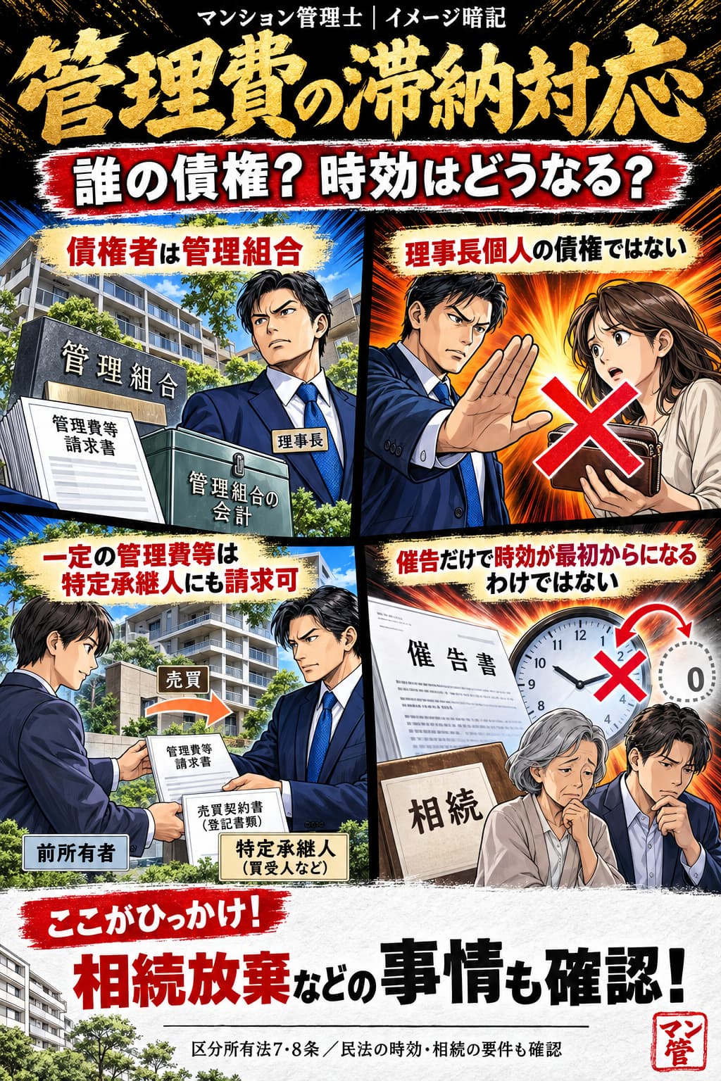 管理費の滞納対応。債権者は管理組合。理事長個人の債権ではない。一定の管理費等は特定承継人にも請求可。催告だけで時効が最初からになるわけではない。相続放棄などの事情も確認! 区分所有法7・8条/民法の時効・相続の要件も確認