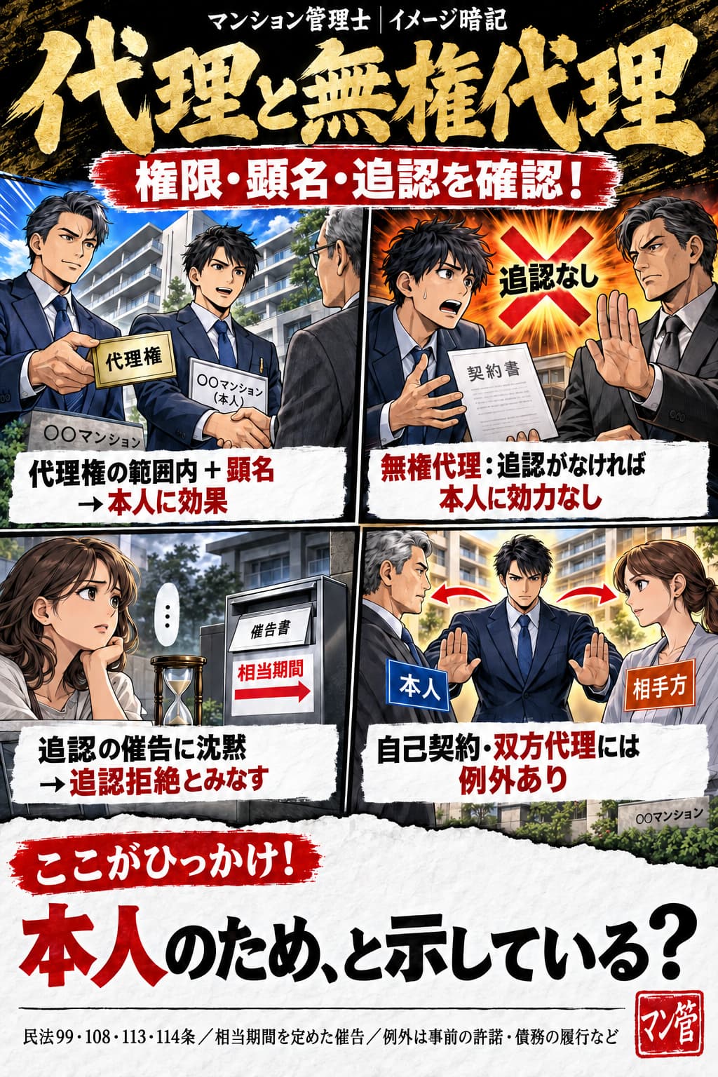 代理と無権代理。代理権の範囲内 + 顕名 → 本人に効果。無権代理:追認がなければ本人に効力なし。追認の催告に沈黙 → 追認拒絶とみなす。自己契約・双方代理には例外あり。本人のため、と示している? 民法99・108・113・114条/相当期間を定めた催告/例外は事前の許諾・債務の履行など