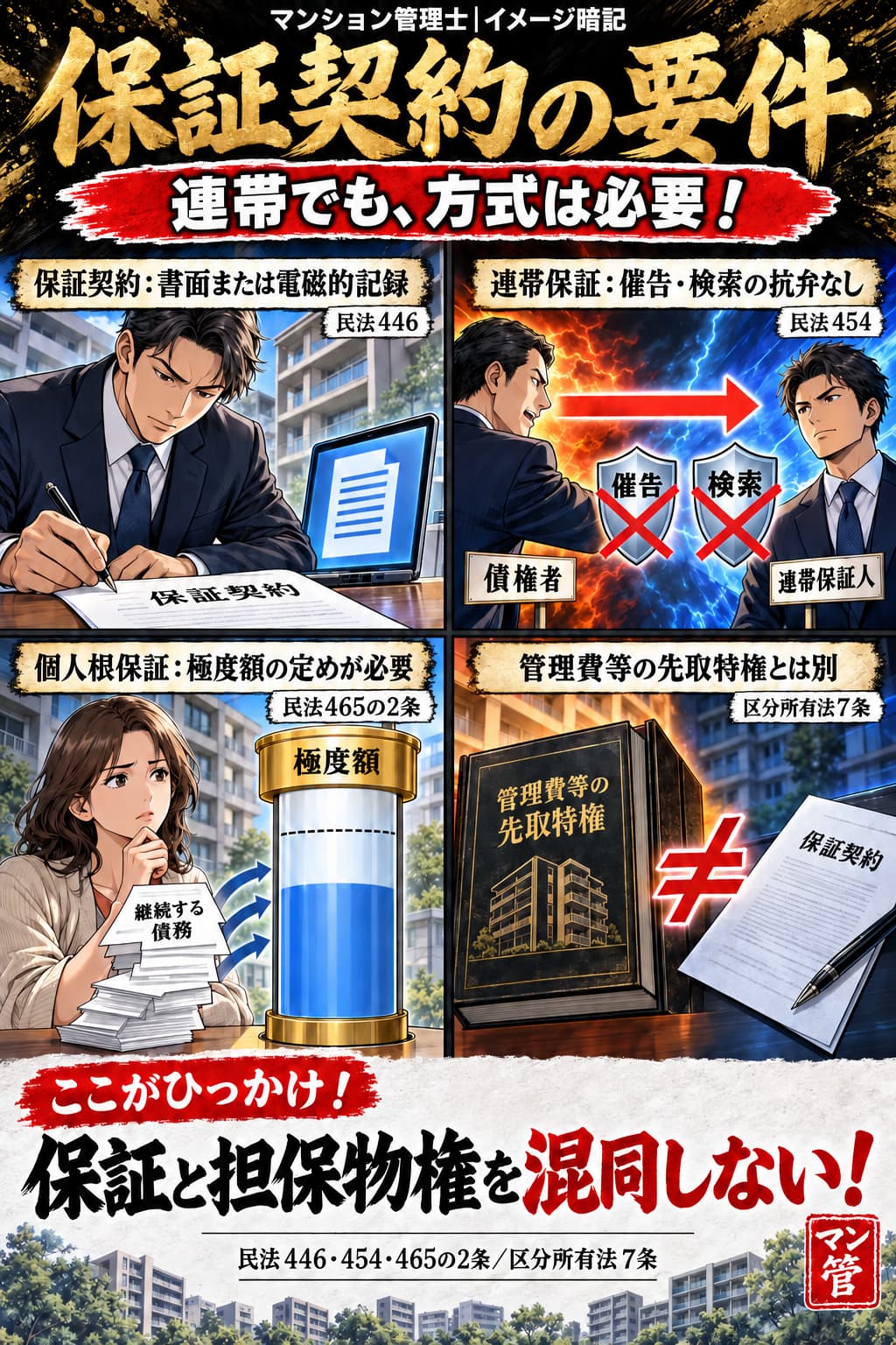 保証契約の要件。保証契約:書面または電磁的記録。連帯保証:催告・検索の抗弁なし。個人根保証:極度額の定めが必要。管理費等の先取特権とは別。保証と担保物権を混同しない! 民法446・454・465の2条/区分所有法7条