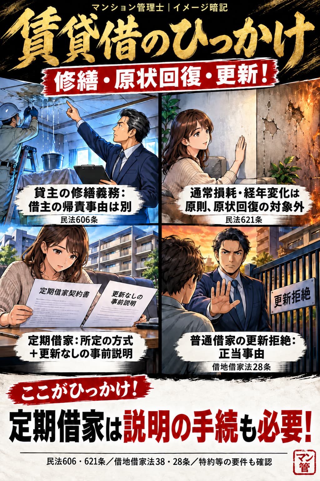 賃貸借のひっかけ。貸主の修繕義務:借主の帰責事由は別。通常損耗・経年変化は原則、原状回復の対象外。定期借家:所定の方式+更新なしの事前説明。普通借家の更新拒絶:正当事由。定期借家は説明の手続も必要! 民法606・621条/借地借家法28・38条/特約等の要件も確認
