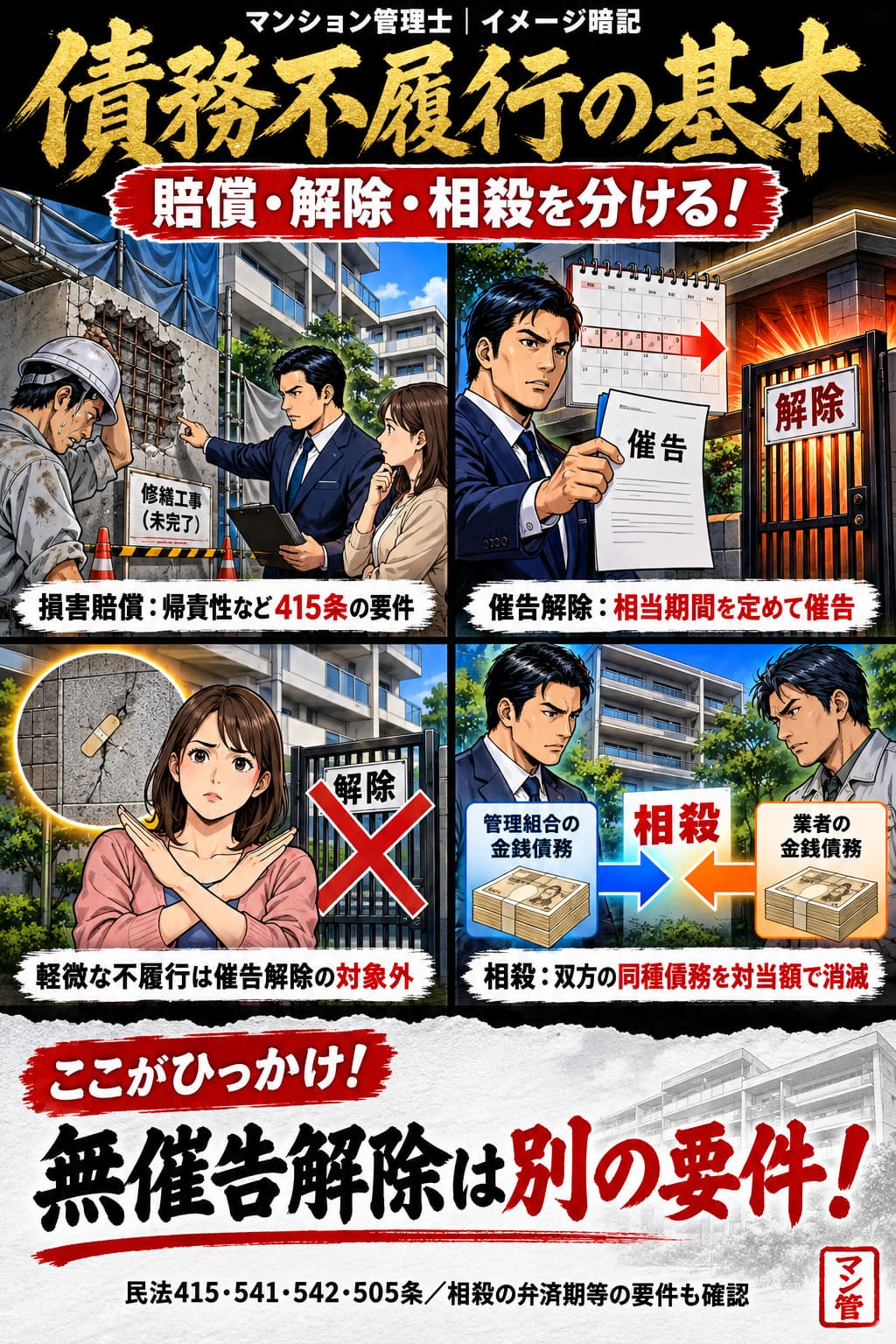 債務不履行の基本。損害賠償:帰責性など415条の要件。催告解除:相当期間を定めて催告。軽微な不履行は催告解除の対象外。相殺:双方の同種債務を対当額で消滅。無催告解除は別の要件! 民法415・541・542・505条/相殺の弁済期等の要件も確認