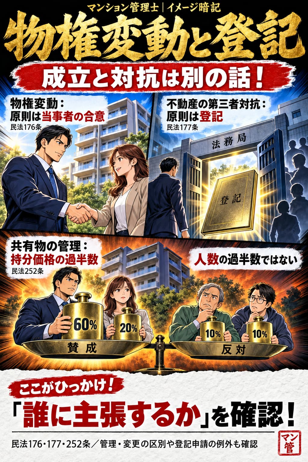 物権変動と登記。物権変動:原則は当事者の合意。不動産の第三者対抗:原則は登記。共有物の管理:持分価格の過半数。人数の過半数ではない。「誰に主張するか」を確認! 民法176・177・252条/管理・変更の区別や登記申請の例外も確認