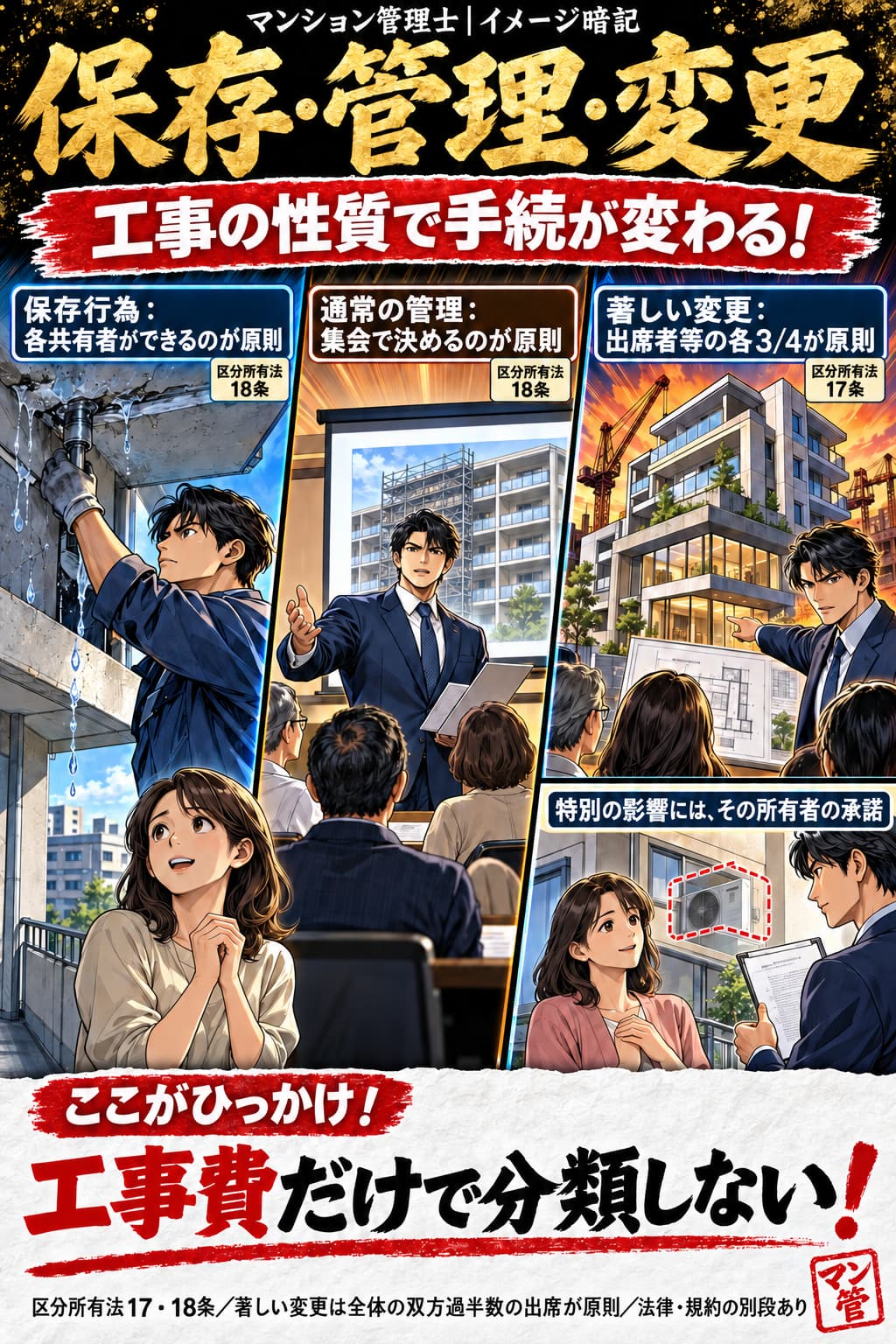 保存・管理・変更。保存行為:各共有者ができるのが原則。通常の管理:集会で決めるのが原則。著しい変更:出席者等の各3/4が原則。特別の影響には、その所有者の承諾。工事費だけで分類しない! 区分所有法17・18条/著しい変更は全体の双方過半数の出席が原則/法律・規約の別段あり