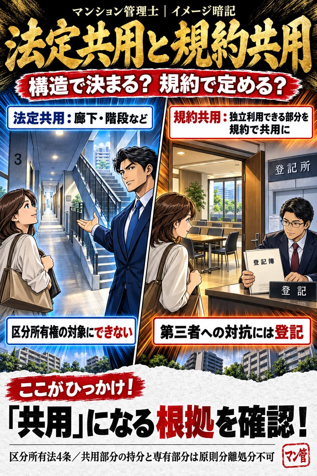 法定共用と規約共用。法定共用:廊下・階段など。区分所有権の対象にできない。規約共用:独立利用できる部分を規約で共用に。第三者への対抗には登記。「共用」になる根拠を確認! 区分所有法4条/共用部分の持分と専有部分は原則分離処分不可
