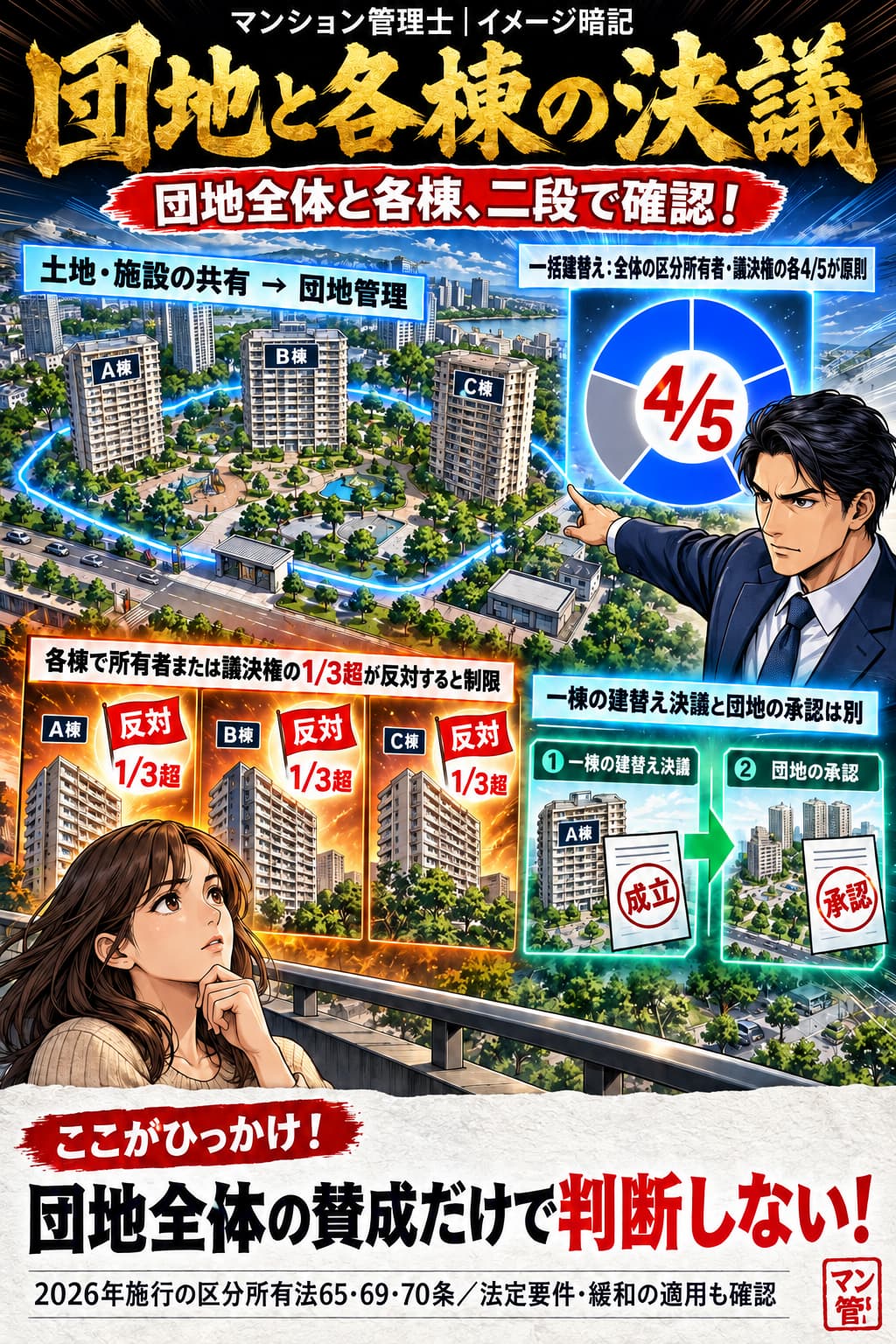 団地と各棟の決議。土地・施設の共有 → 団地管理。一括建替え:全体の区分所有者・議決権の各4/5が原則。各棟で所有者または議決権の1/3超が反対すると制限。一棟の建替え決議と団地の承認は別。団地全体の賛成だけで判断しない! 2026年施行の区分所有法65・69・70条/法定要件・緩和の適用も確認