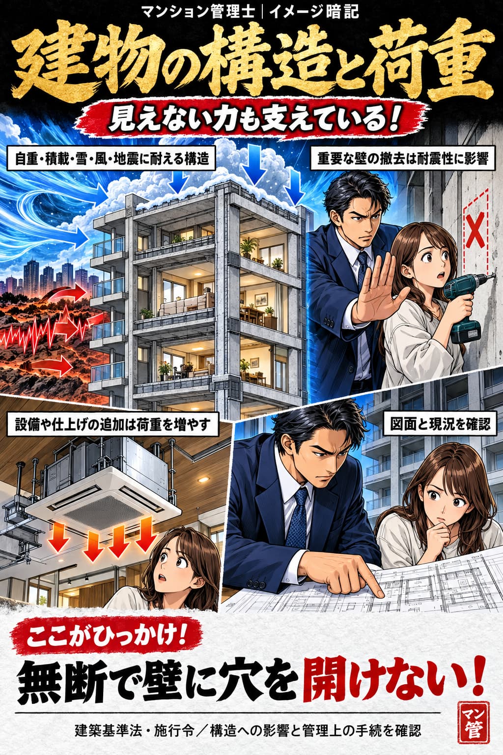 建物の構造と荷重。自重・積載・雪・風・地震に耐える構造。重要な壁の撤去は耐震性に影響。設備や仕上げの追加は荷重を増やす。図面と現況を確認。無断で壁に穴を開けない! 建築基準法・施行令/構造への影響と管理上の手続を確認