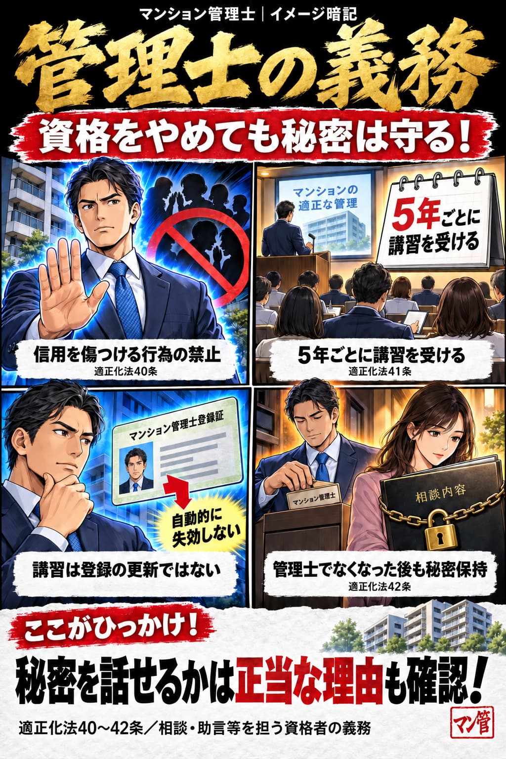 管理士の義務。信用を傷つける行為の禁止。5年ごとに講習を受ける。講習は登録の更新ではない。管理士でなくなった後も秘密保持。秘密を話せるかは正当な理由も確認! 適正化法40〜42条/相談・助言等を担う資格者の義務