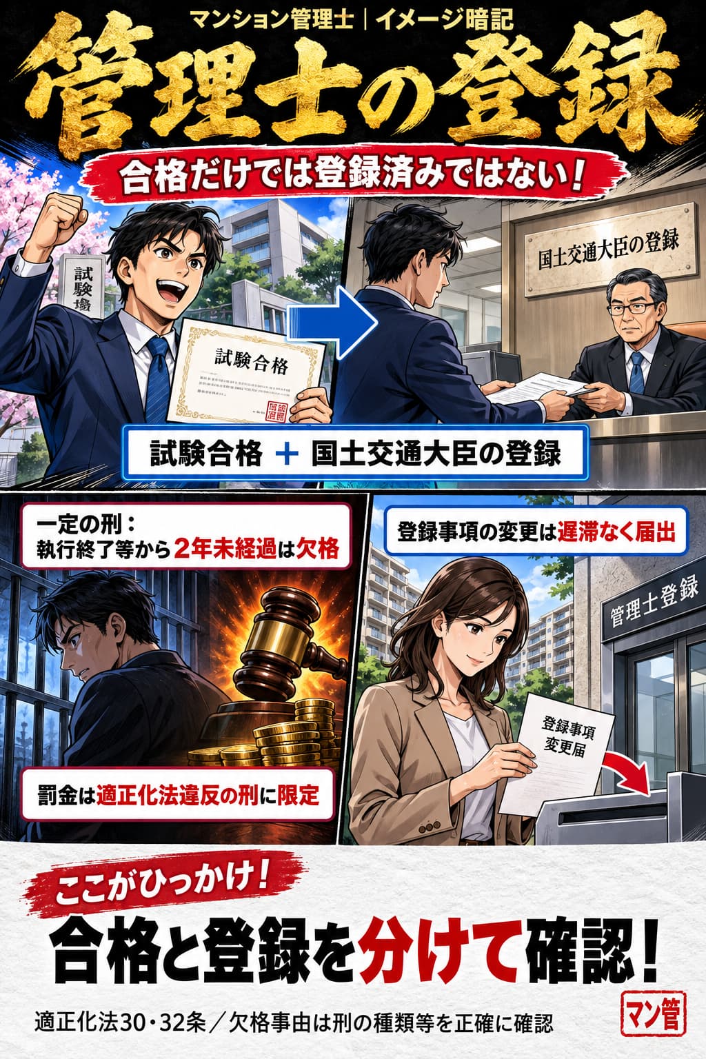 管理士の登録。試験合格 + 国土交通大臣の登録。一定の刑:執行終了等から2年未経過は欠格。罰金は適正化法違反の刑に限定。登録事項の変更は遅滞なく届出。合格と登録を分けて確認! 適正化法30・32条/欠格事由は刑の種類等を正確に確認