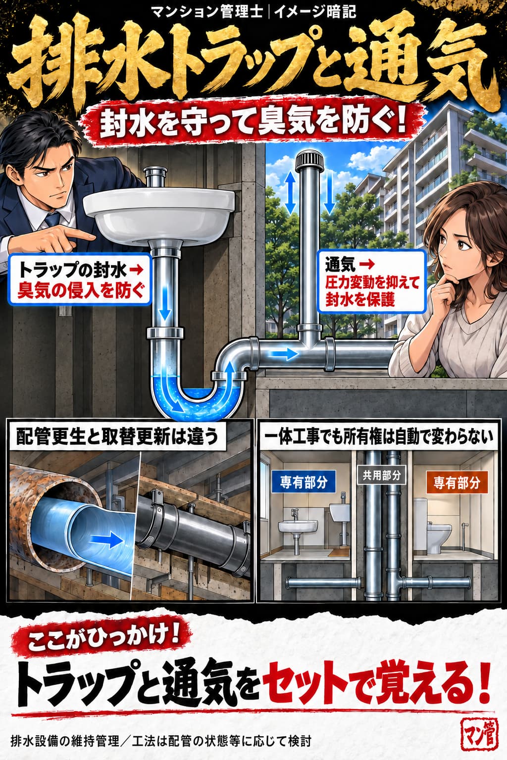 排水トラップと通気。トラップの封水 → 臭気の侵入を防ぐ。通気 → 圧力変動を抑えて封水を保護。配管更生と取替更新は違う。一体工事でも所有権は自動で変わらない。トラップと通気をセットで覚える! 排水設備の維持管理/工法は配管の状態等に応じて検討
