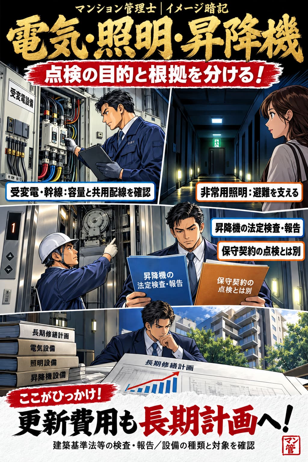電気・照明・昇降機。受変電・幹線:容量と共用配線を確認。非常用照明:避難を支える。昇降機の法定検査・報告。保守契約の点検とは別。更新費用も長期計画へ! 建築基準法等の検査・報告/設備の種類と対象を確認