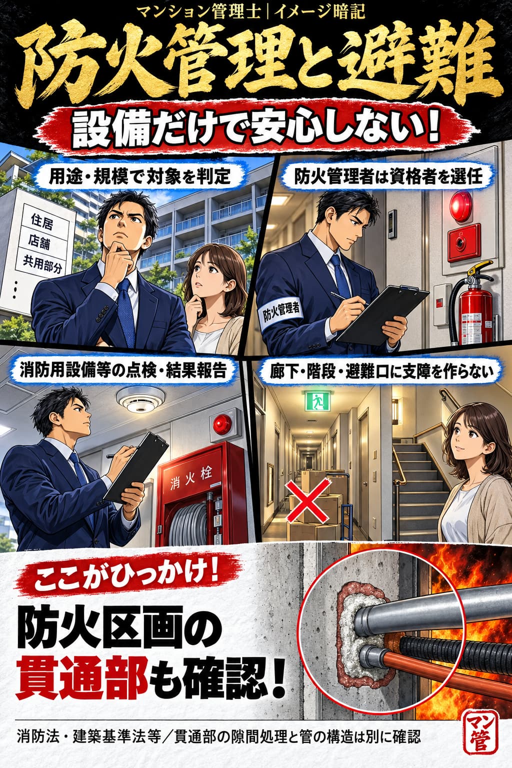 防火管理と避難。用途・規模で対象を判定。防火管理者は資格者を選任。消防用設備等の点検・結果報告。廊下・階段・避難口に支障を作らない。防火区画の貫通部も確認! 消防法・建築基準法等/貫通部の隙間処理と管の構造は別に確認