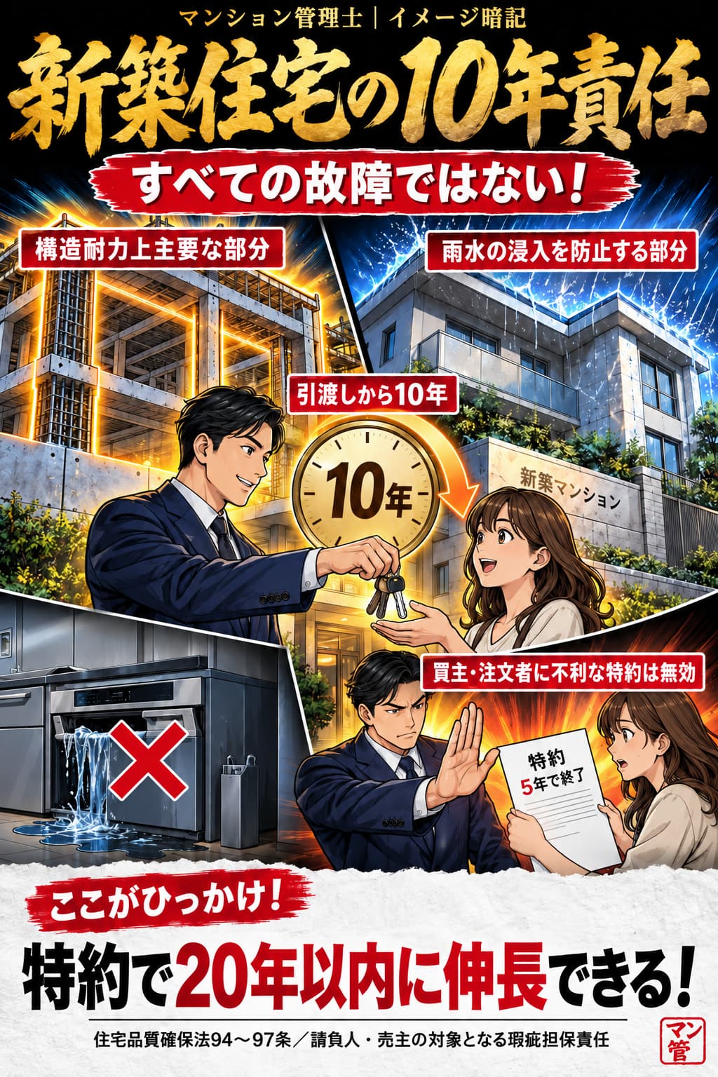 新築住宅の10年責任。構造耐力上主要な部分。雨水の浸入を防止する部分。引渡しから10年。買主・注文者に不利な特約は無効。特約で20年以内に伸長できる! 住宅品質確保法94〜97条/請負人・売主の対象となる瑕疵担保責任