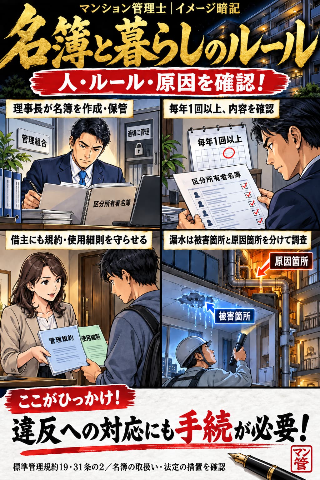 名簿と暮らしのルール。理事長が名簿を作成・保管。毎年1回以上、内容を確認。借主にも規約・使用細則を守らせる。漏水は被害箇所と原因箇所を分けて調査。違反への対応にも手続が必要! 標準管理規約19・31条の2/名簿の取扱い・法定の措置を確認