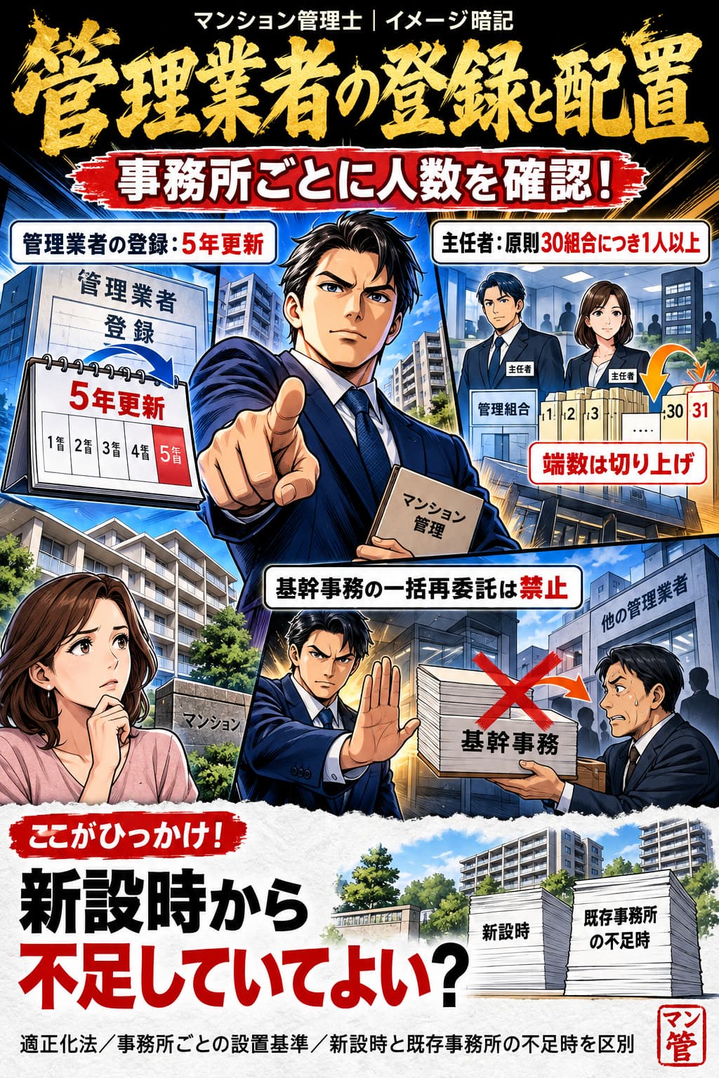 管理業者の登録と配置。管理業者の登録:5年更新。主任者:原則30組合につき1人以上。端数は切り上げ。基幹事務の一括再委託は禁止。新設時から不足していてよい? 適正化法/事務所ごとの設置基準/新設時と既存事務所の不足時を区別