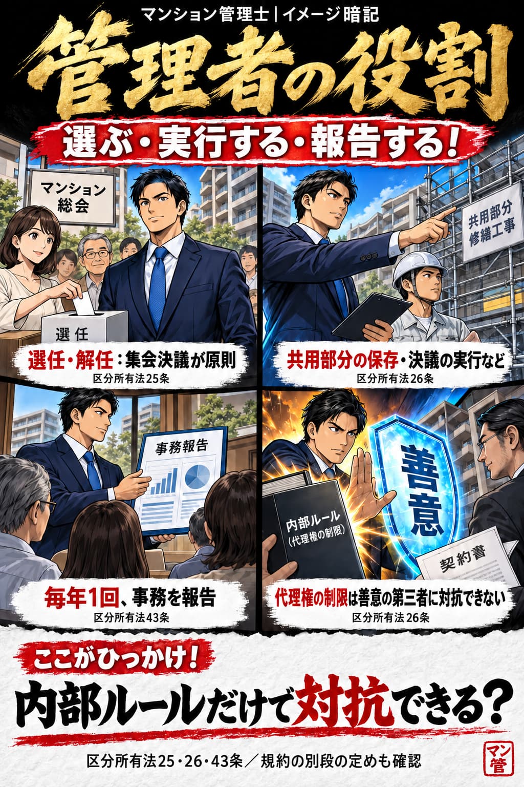 管理者の役割。選任・解任:集会決議が原則。共用部分の保存・決議の実行など。毎年1回、事務を報告。代理権の制限は善意の第三者に対抗できない。内部ルールだけで対抗できる? 区分所有法25・26・43条/規約の別段の定めも確認