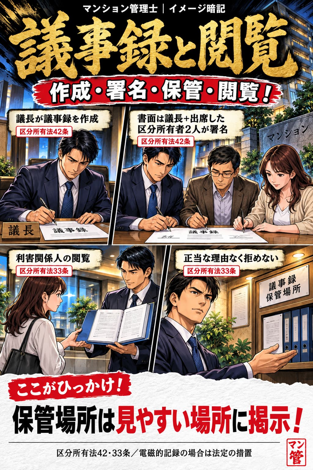 議事録と閲覧。議長が議事録を作成。書面は議長+出席した区分所有者2人が署名。利害関係人の閲覧。正当な理由なく拒めない。保管場所は見やすい場所に掲示! 区分所有法42・33条/電磁的記録の場合は法定の措置