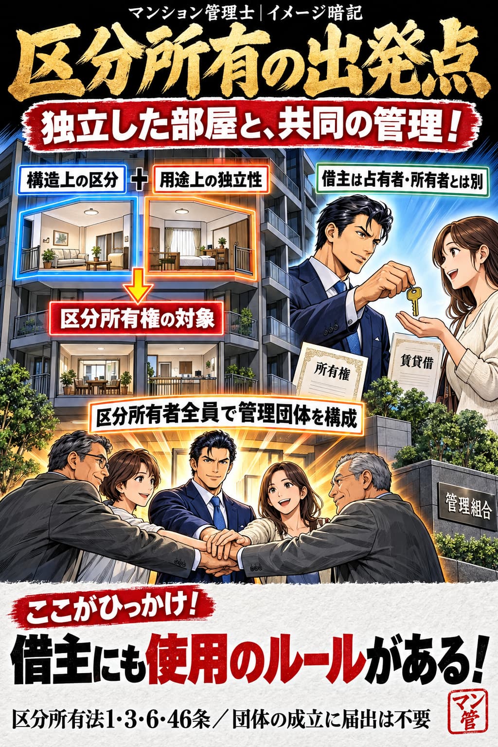 区分所有の出発点。構造上の区分 + 用途上の独立性。区分所有権の対象。区分所有者全員で管理団体を構成。借主は占有者・所有者とは別。借主にも使用のルールがある! 区分所有法1・3・6・46条/団体の成立に届出は不要