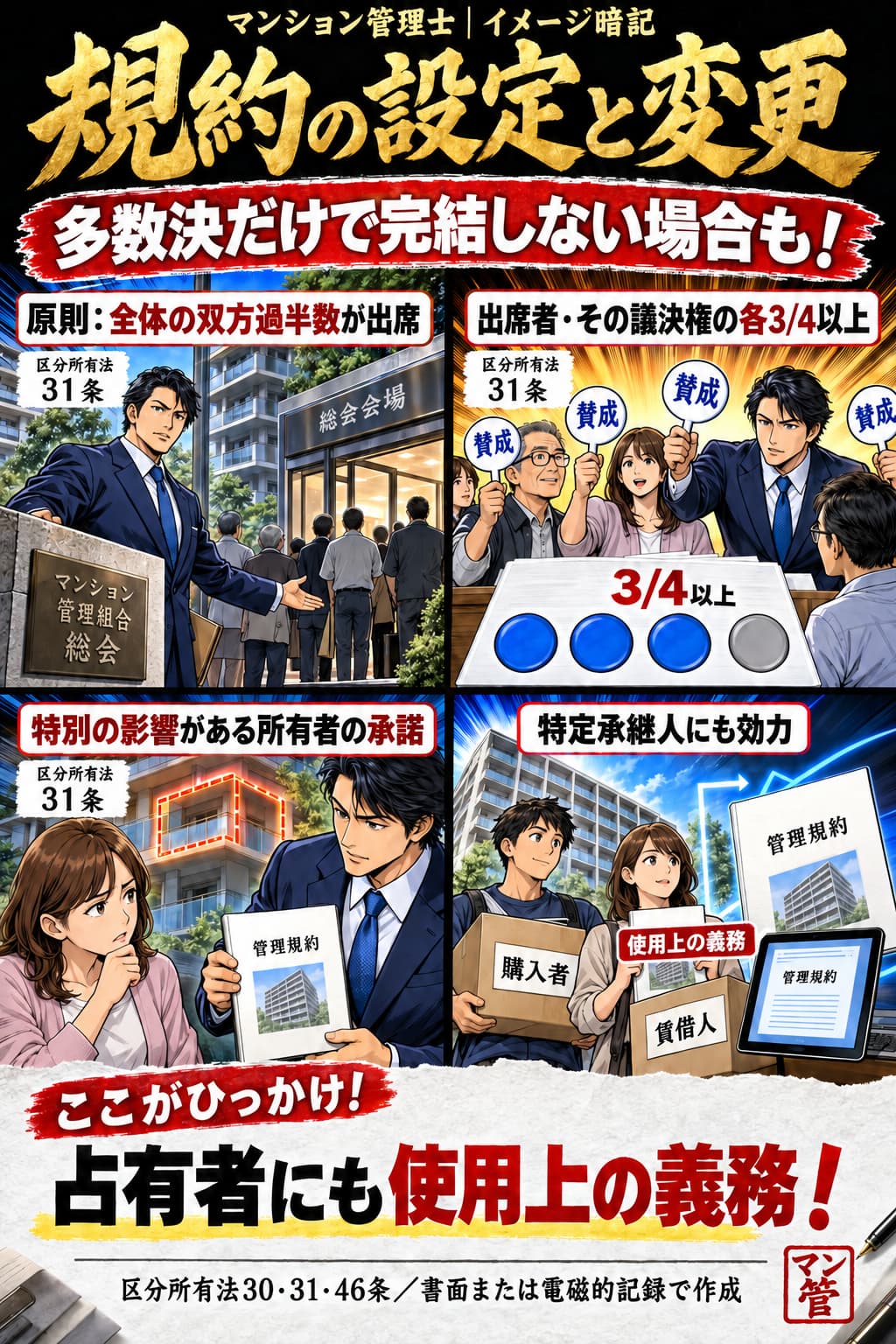 規約の設定と変更。原則:全体の双方過半数が出席。出席者・その議決権の各3/4以上。特別の影響がある所有者の承諾。特定承継人にも効力。占有者にも使用上の義務! 区分所有法30・31・46条/書面または電磁的記録で作成