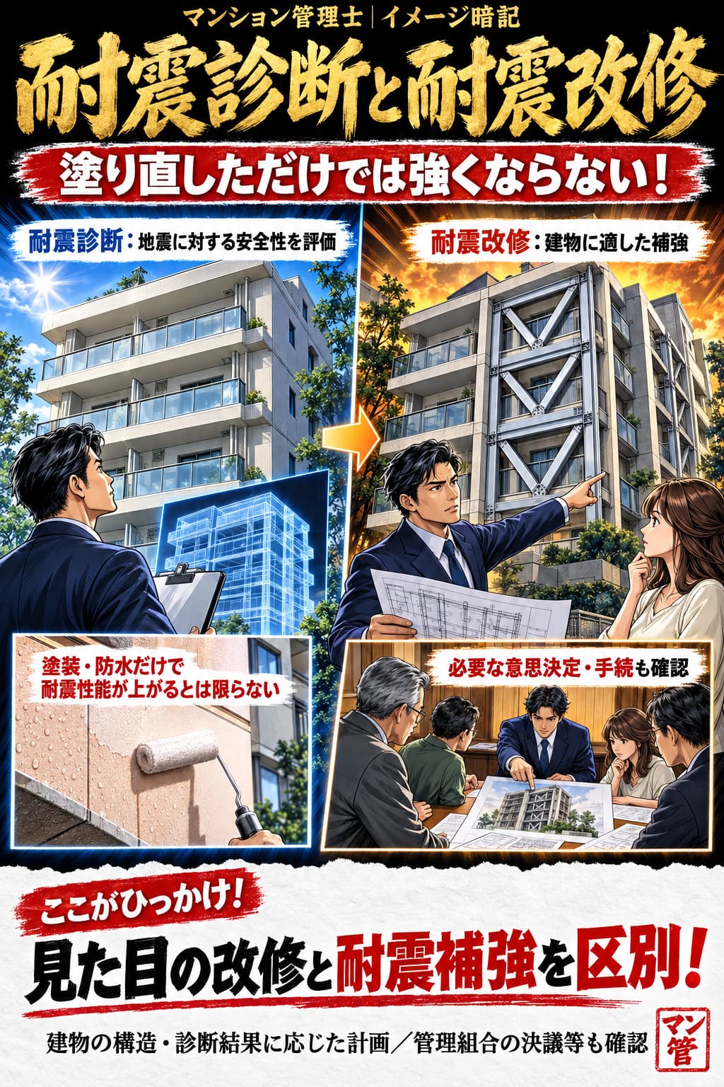 耐震診断と耐震改修。耐震診断:地震に対する安全性を評価。耐震改修:建物に適した補強。塗装・防水だけで耐震性能が上がるとは限らない。必要な意思決定・手続も確認。見た目の改修と耐震補強を区別! 建物の構造・診断結果に応じた計画/管理組合の決議等も確認