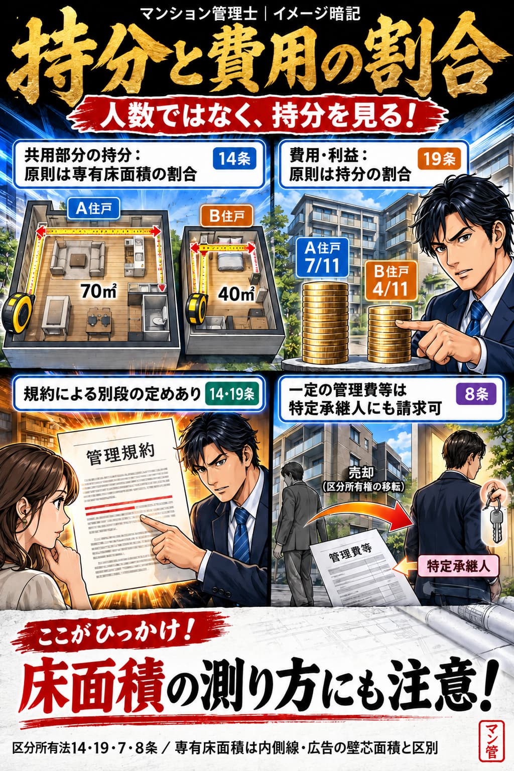 持分と費用の割合。共用部分の持分:原則は専有床面積の割合。費用・利益:原則は持分の割合。規約による別段の定めあり。一定の管理費等は特定承継人にも請求可。床面積の測り方にも注意! 区分所有法14・19・7・8条/専有床面積は内側線・広告の壁芯面積と区別