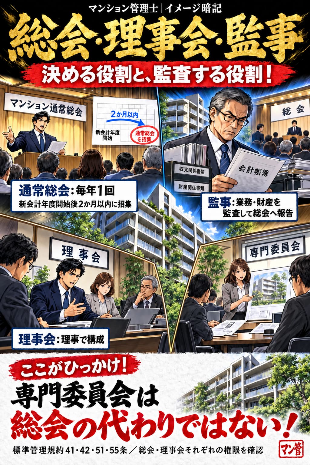 総会・理事会・監事。通常総会:毎年1回。新会計年度開始後2か月以内に招集。監事:業務・財産を監査して総会へ報告。理事会:理事で構成。専門委員会は総会の代わりではない! 標準管理規約41・42・51・55条/総会・理事会それぞれの権限を確認