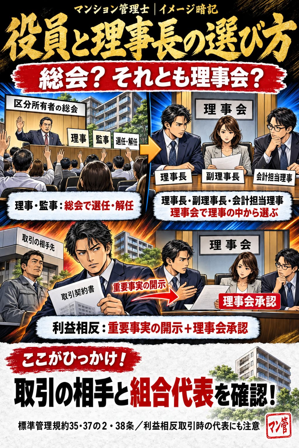 役員と理事長の選び方。理事・監事:総会で選任・解任。理事長・副理事長・会計担当理事。理事会で理事の中から選ぶ。利益相反:重要事実の開示+理事会承認。取引の相手と組合代表を確認! 標準管理規約35・37の2・38条/利益相反取引時の代表にも注意