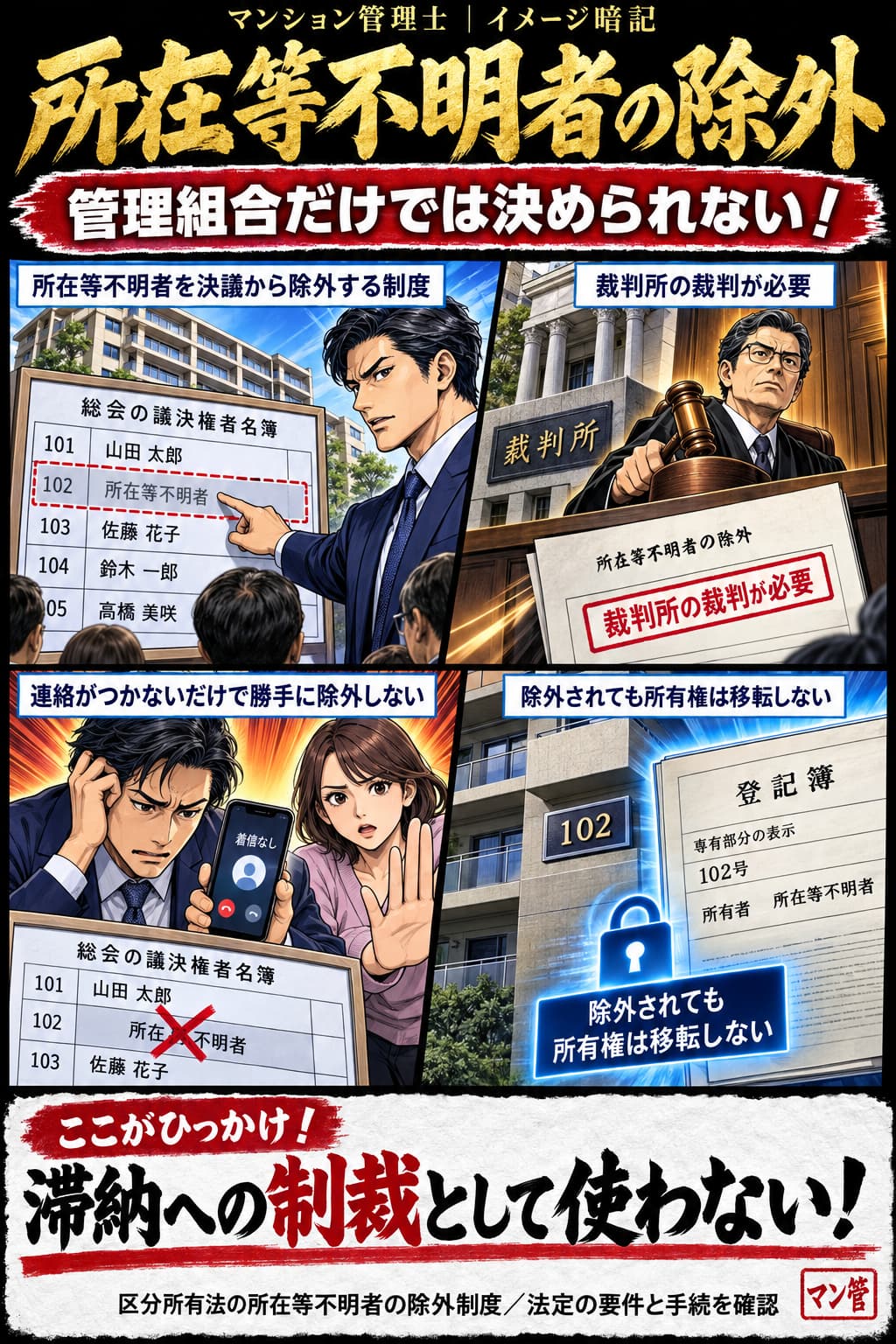 所在等不明者の除外。所在等不明者を決議から除外する制度。裁判所の裁判が必要。連絡がつかないだけで勝手に除外しない。除外されても所有権は移転しない。滞納への制裁として使わない! 区分所有法の所在等不明者の除外制度/法定の要件と手続を確認