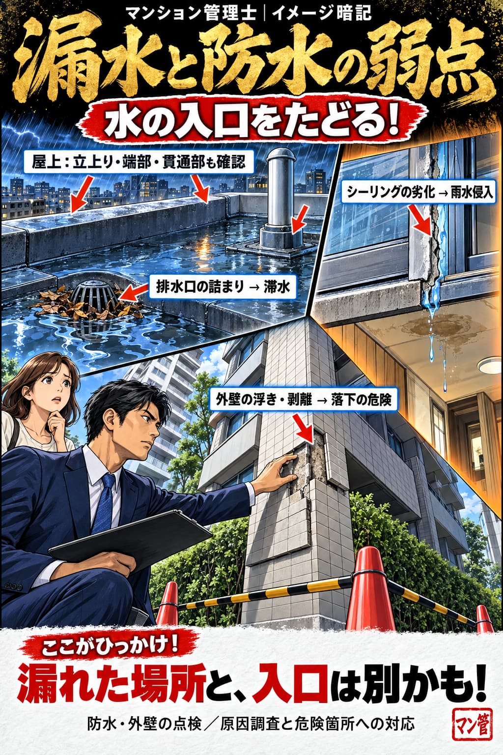 漏水と防水の弱点。屋上:立上り・端部・貫通部も確認。排水口の詰まり → 滞水。シーリングの劣化 → 雨水侵入。外壁の浮き・剥離 → 落下の危険。漏れた場所と、入口は別かも! 防水・外壁の点検/原因調査と危険箇所への対応