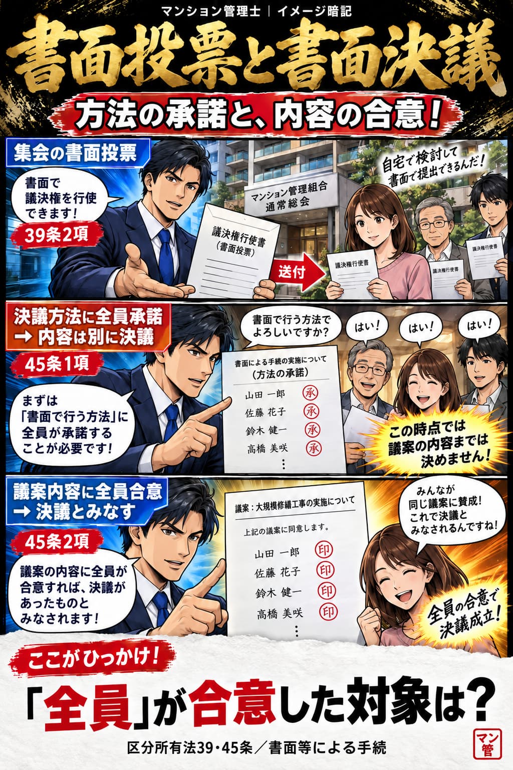 書面投票と書面決議。集会の書面投票。書面で議決権を行使。45条1項。決議方法に全員承諾 → 内容は別に決議。45条2項。議案内容に全員合意 → 決議とみなす。「全員」が合意した対象は? 区分所有法39・45条/書面等による手続