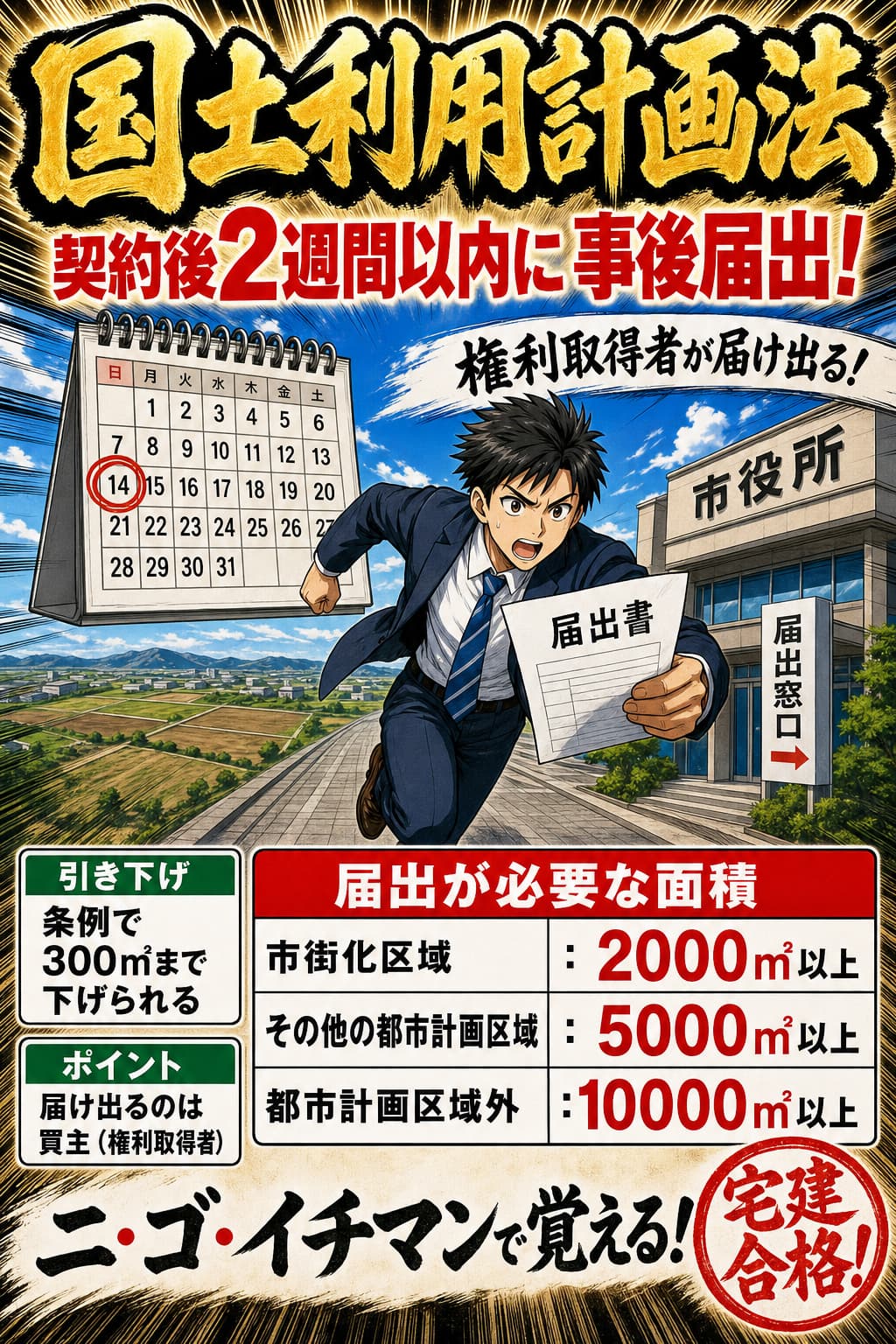 国土利用計画法の事後届出の面積基準を整理した暗記画像