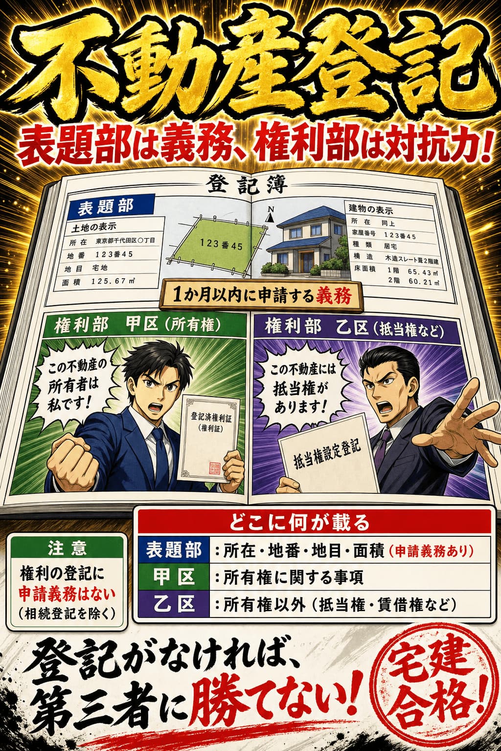 不動産登記簿の表題部・甲区・乙区の記載事項を整理した暗記画像