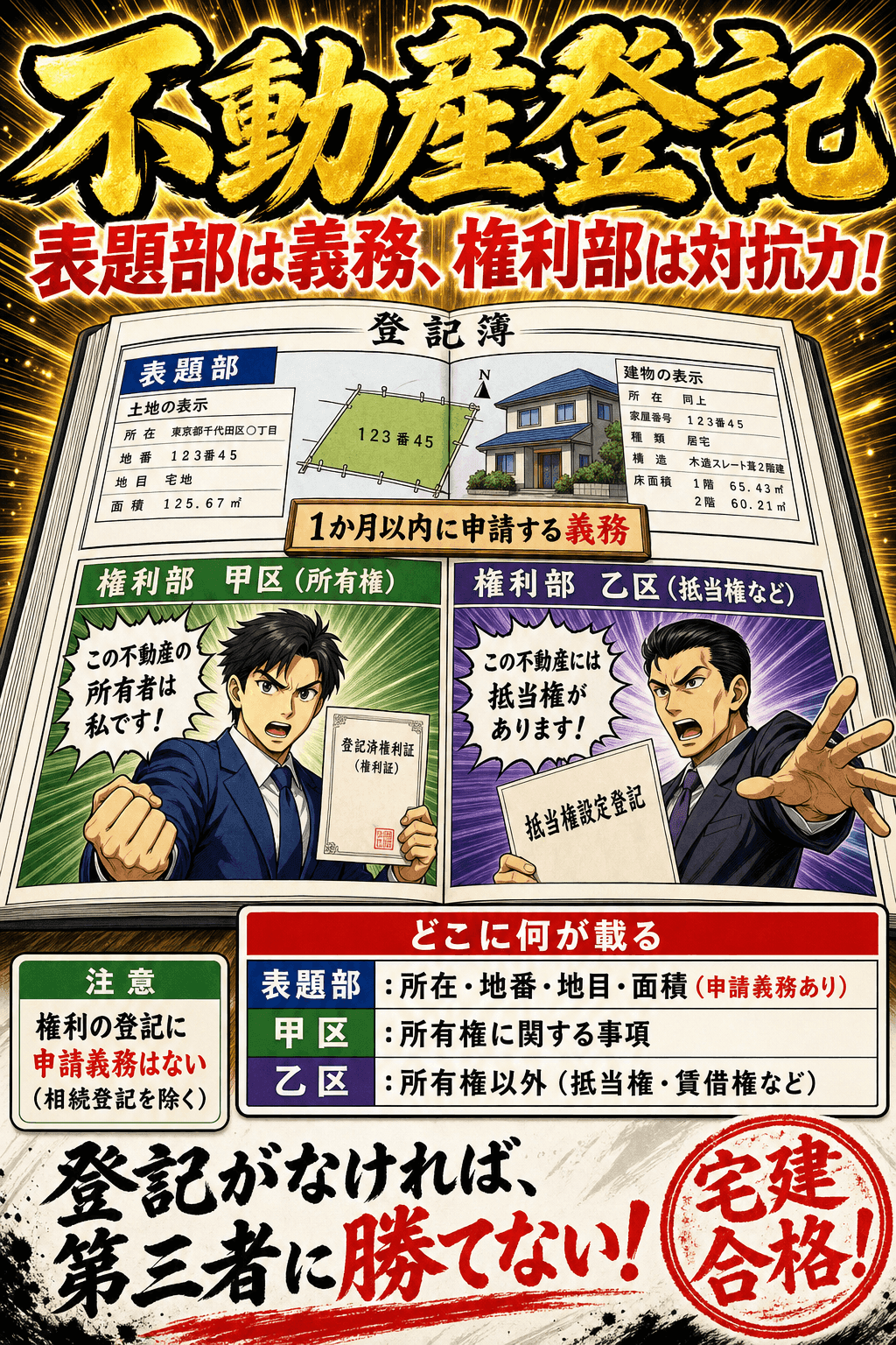 不動産登記簿の表題部・甲区・乙区の記載事項を整理した暗記画像