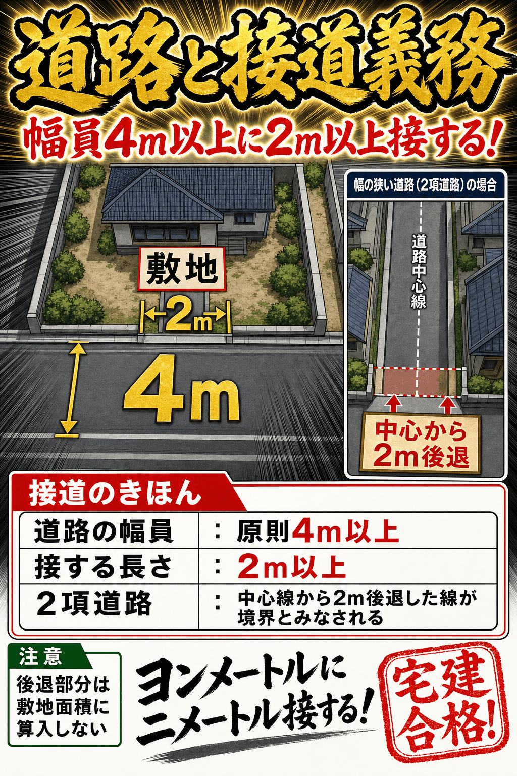 建築基準法の接道義務と2項道路のセットバックを整理した暗記画像