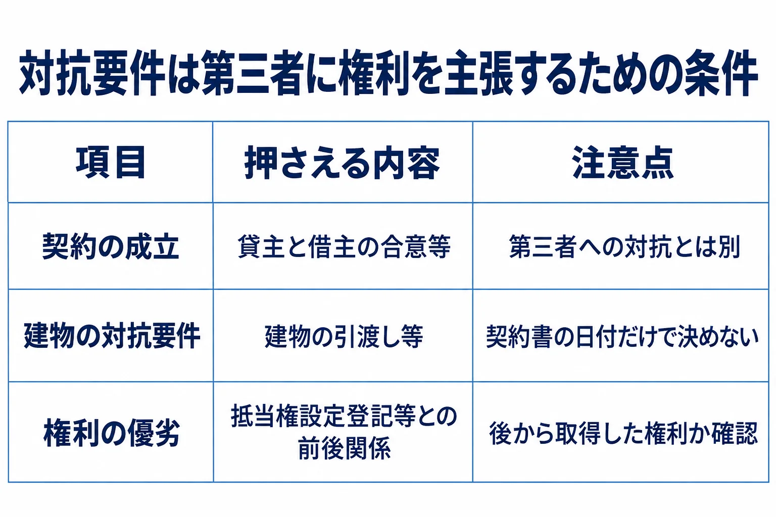 契約の成立:貸主と借主の合意等:第三者への対抗とは別。建物の対抗要件:建物の引渡し等:契約書の日付だけで決めない。権利の優劣:抵当権設定登記等との前後関係:後から取得した権利か確認