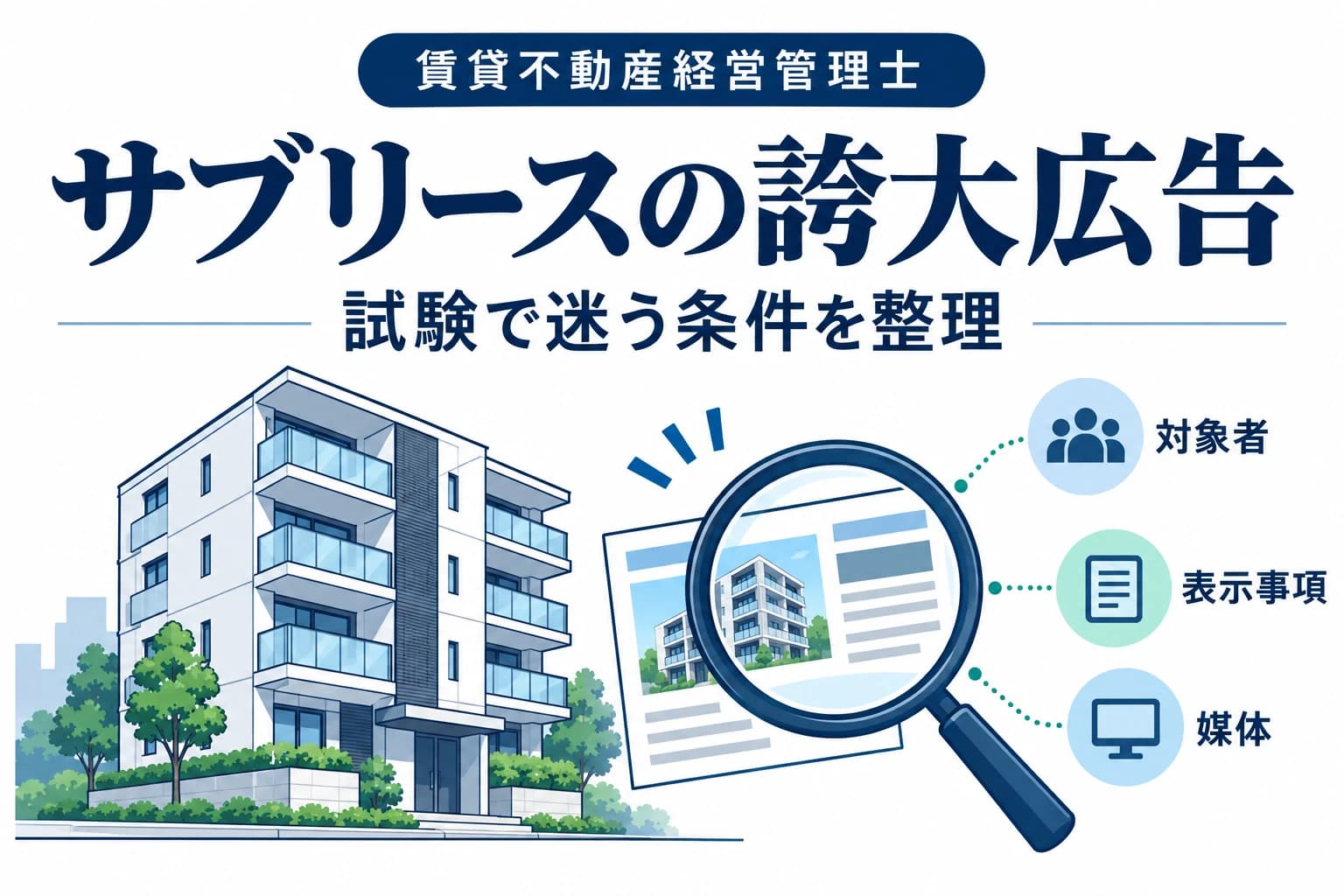 サブリースの誇大広告を対象者・表示事項・媒体から読み分ける試験対策のカバー