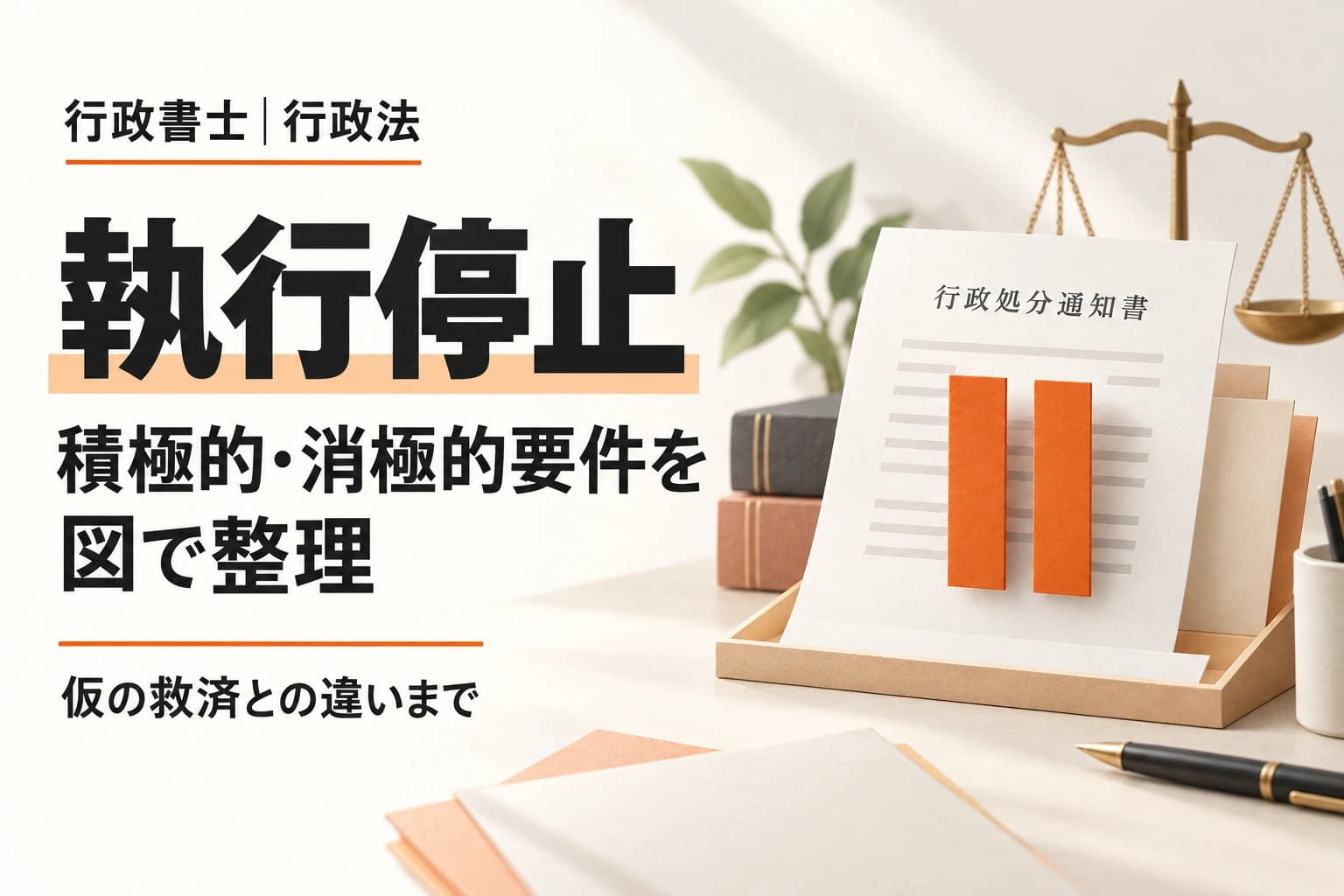行政処分通知書を一時停止する図と、執行停止の要件を示す行政書士の解説カバー