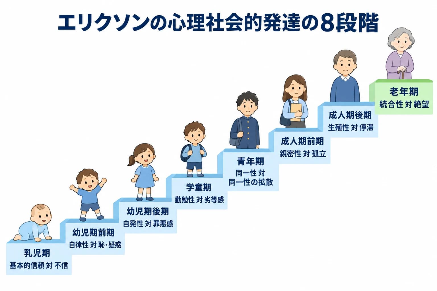 エリクソンの心理社会的発達の8段階を階段で示した図。乳児期の基本的信頼対不信から、老年期の統合性対絶望まで。