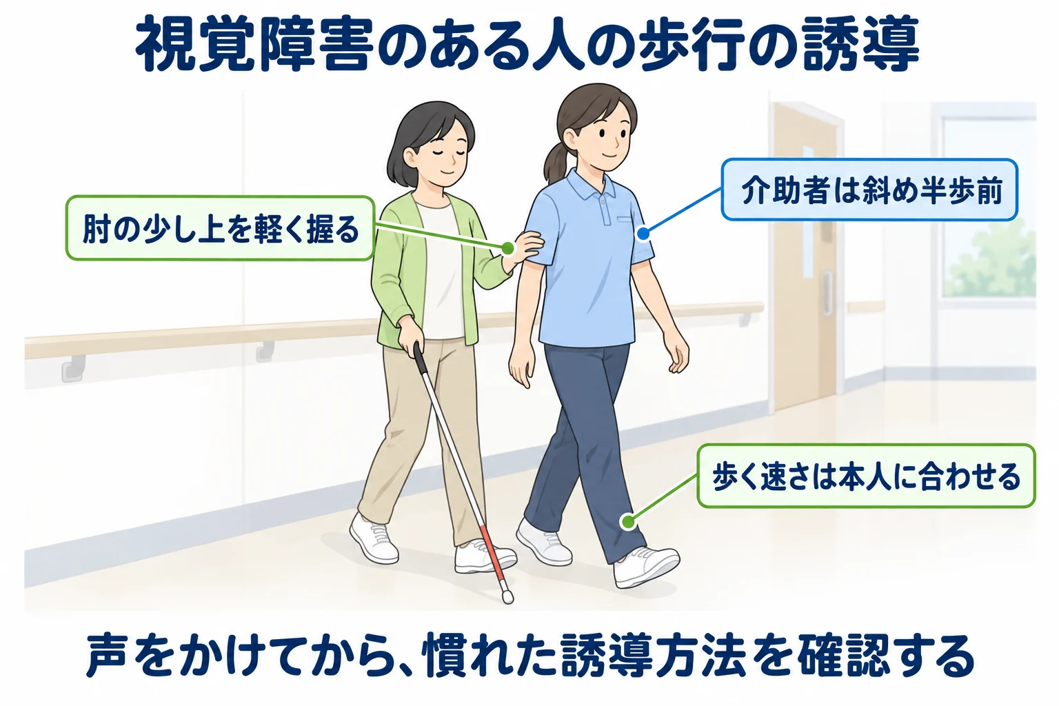 視覚障害のある人の歩行の誘導の図。介助者は斜め半歩前に立ち、本人は介助者の肘の少し上を軽く握る。歩く速さは本人に合わせる。