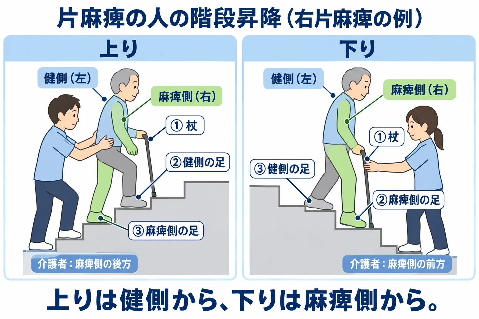 右片麻痺の人の階段昇降の図。上りは杖、健側の足、麻痺側の足の順で、介護者は麻痺側の後方に立つ。下りは杖、麻痺側の足、健側の足の順で、介護者は麻痺側の前方に立つ。