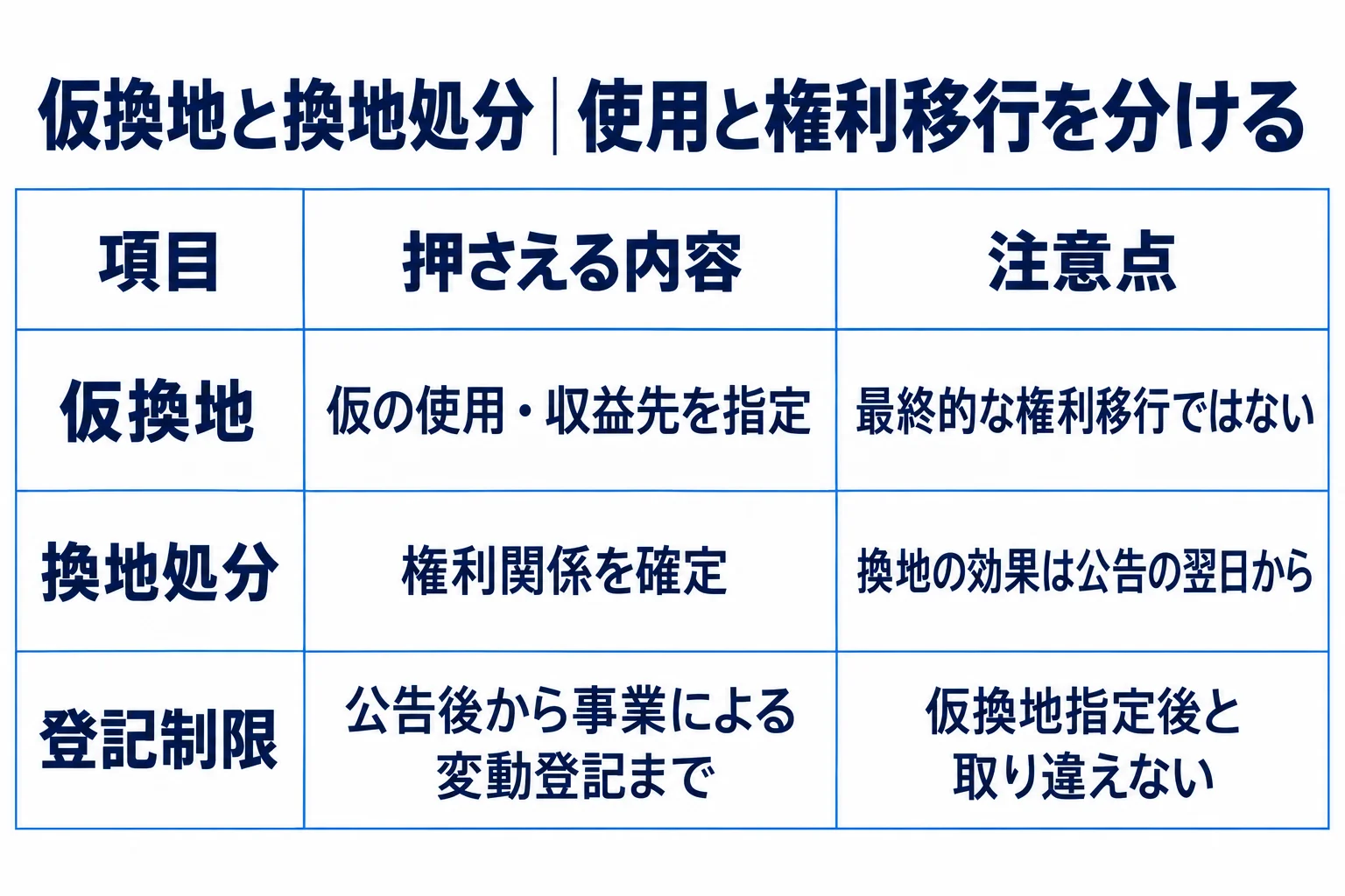 仮換地:仮の使用・収益先を指定:最終的な権利移行ではない。換地処分:権利関係を確定:換地の効果は公告の翌日から。登記制限:公告後から事業による変動登記まで:仮換地指定後と取り違えない
