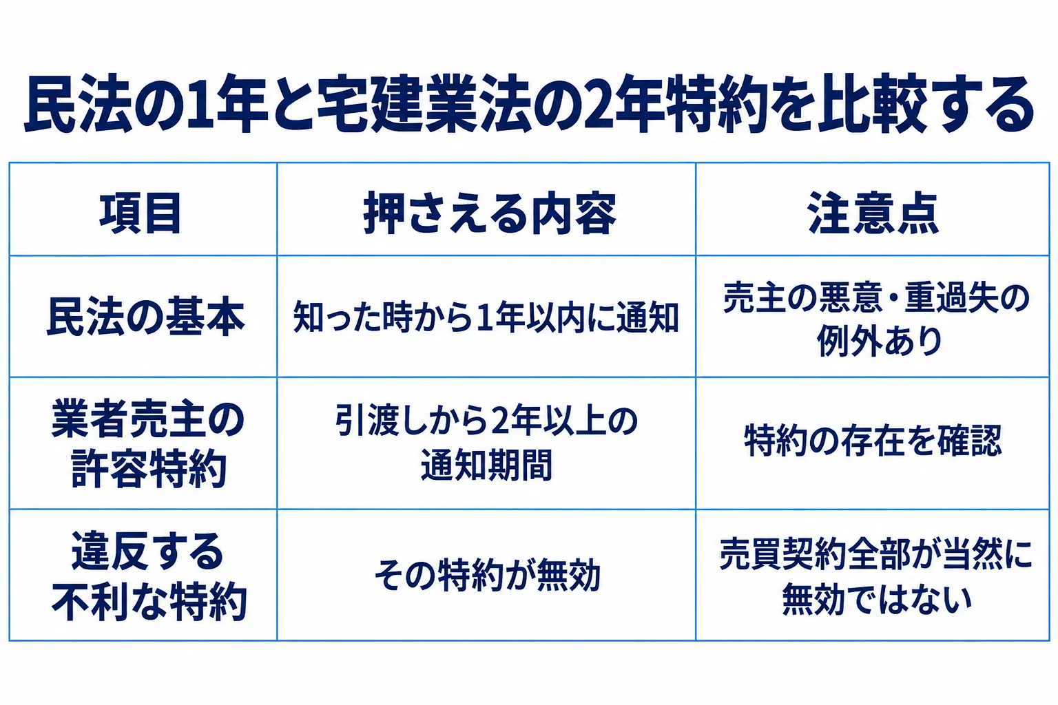 民法の基本:知った時から1年以内に通知:売主の悪意・重過失の例外あり。業者売主の許容特約:引渡しから2年以上の通知期間:特約の存在を確認。違反する不利な特約:その特約が無効:売買契約全部が当然に無効ではない