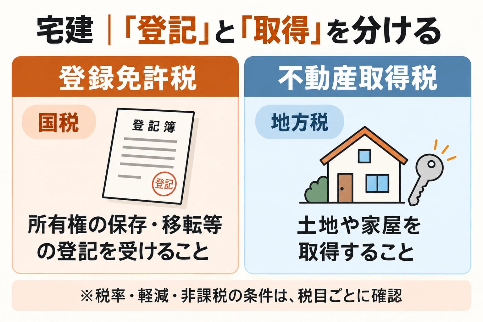 登録免許税は所有権の保存・移転等の登記にかかる国税、不動産取得税は土地や家屋の取得にかかる地方税という比較図。