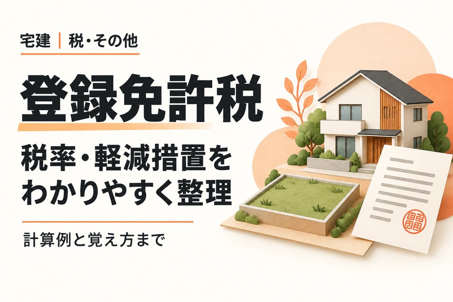 宅建の登録免許税。土地・住宅と登記書類の図で、税率・軽減措置・計算例・覚え方を整理する解説。