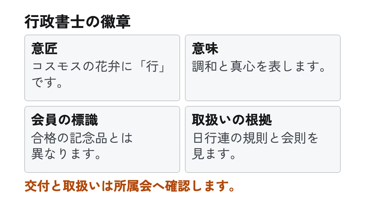 行政書士の徽章。意匠:コスモスの花弁に「行」です。 意味:調和と真心を表します。 会員の標識:合格の記念品とは異なります。 取扱いの根拠:日行連の規則と会則を見ます。