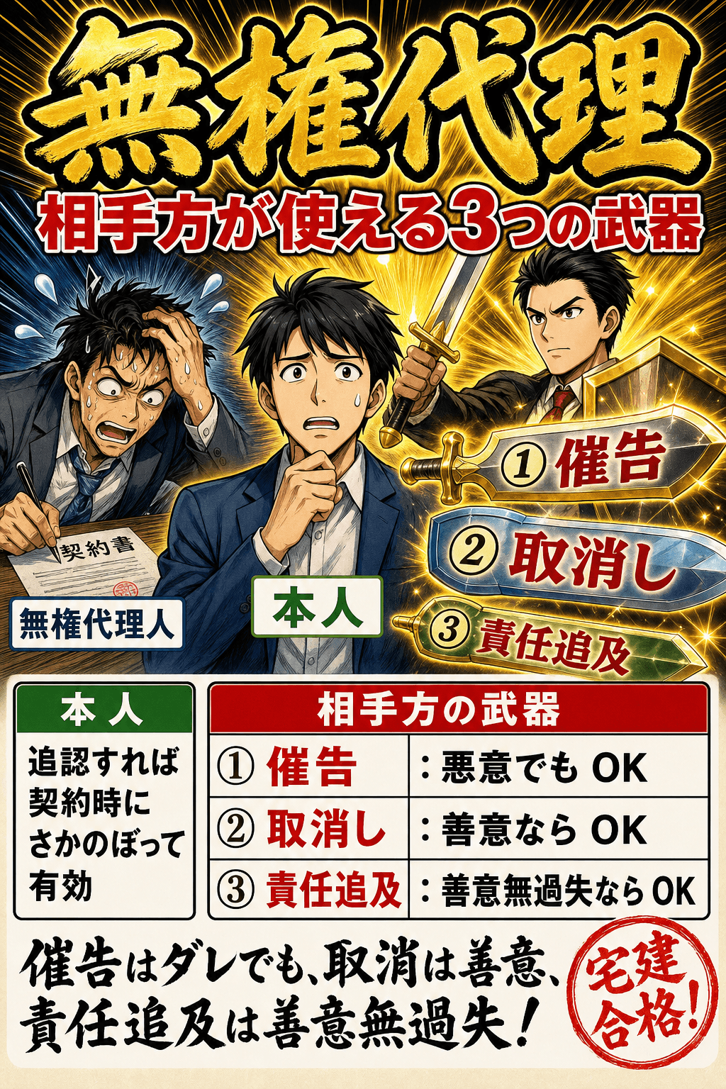 無権代理の相手方が使える催告・取消し・責任追及の要件を整理した暗記画像