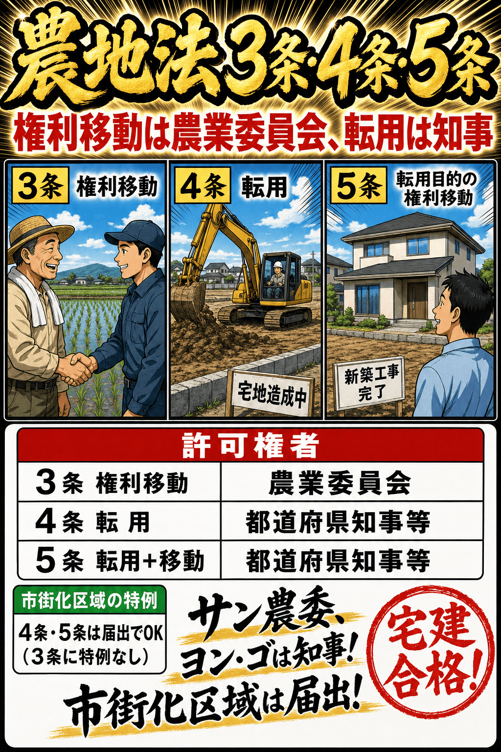 農地法3条・4条・5条の許可権者と市街化区域の特例を整理した暗記画像
