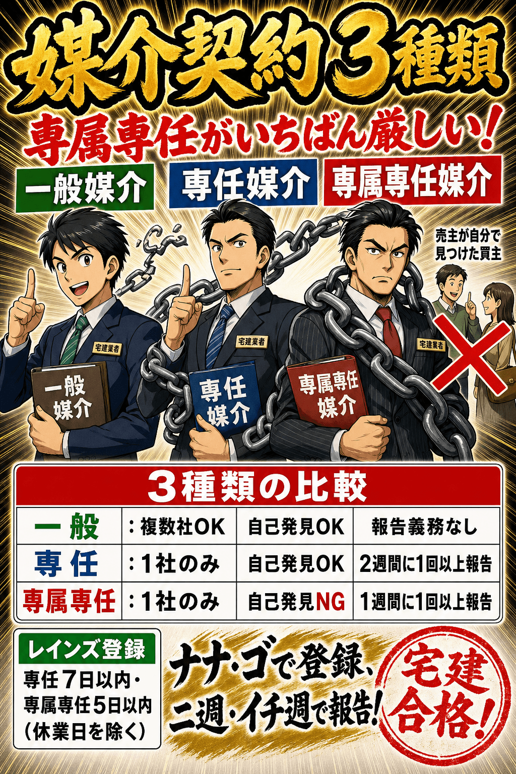 一般媒介・専任媒介・専属専任媒介の違いを比較した暗記画像