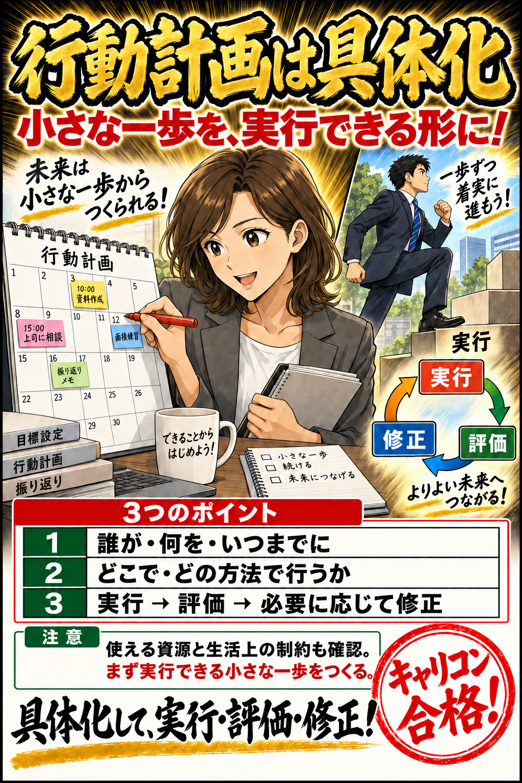 行動計画は具体化。誰が・何を・いつまでに。どこで・どの方法で行うか。実行 → 評価 → 必要に応じて修正。使える資源と生活上の制約も確認。まず実行できる小さな一歩をつくる。