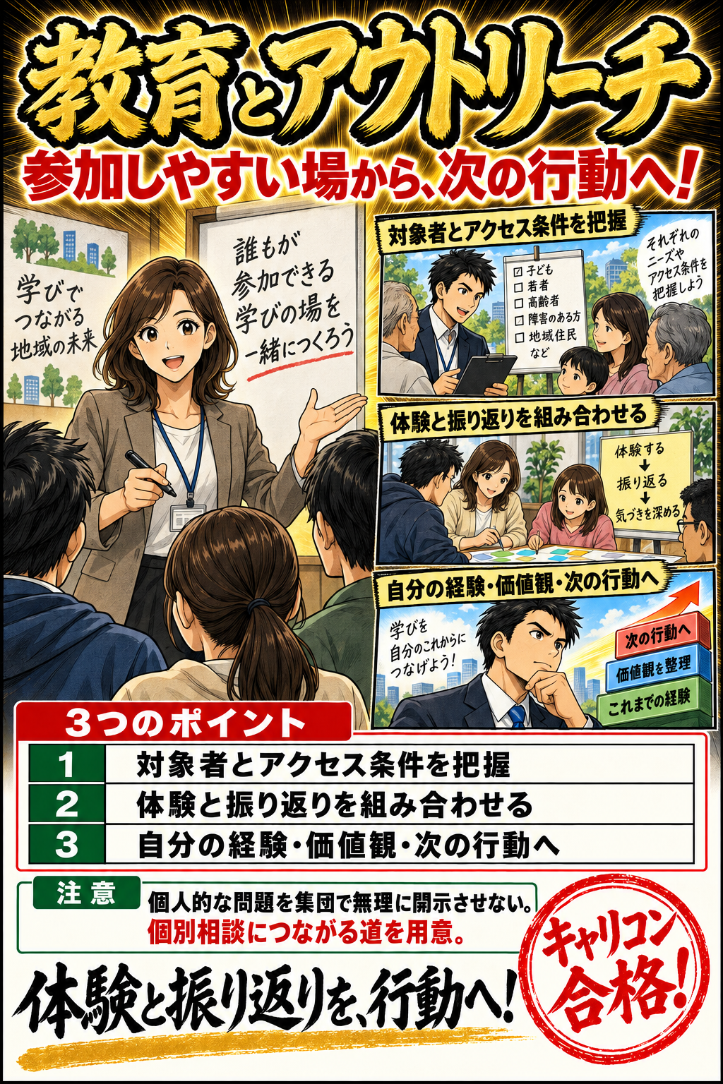 教育とアウトリーチ。対象者とアクセス条件を把握。体験と振り返りを組み合わせる。自分の経験・価値観・次の行動へ。個人的な問題を集団で無理に開示させない。個別相談につながる道を用意。