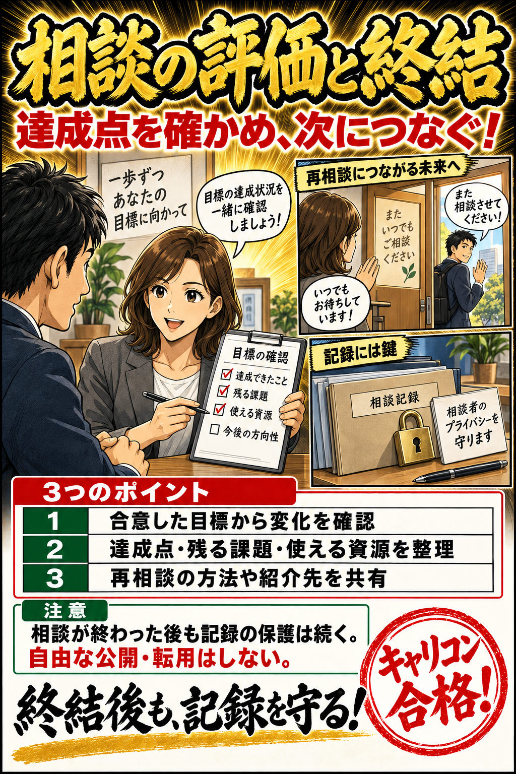 相談の評価と終結。合意した目標から変化を確認。達成点・残る課題・使える資源を整理。再相談の方法や紹介先を共有。相談が終わった後も記録の保護は続く。自由な公開・転用はしない。